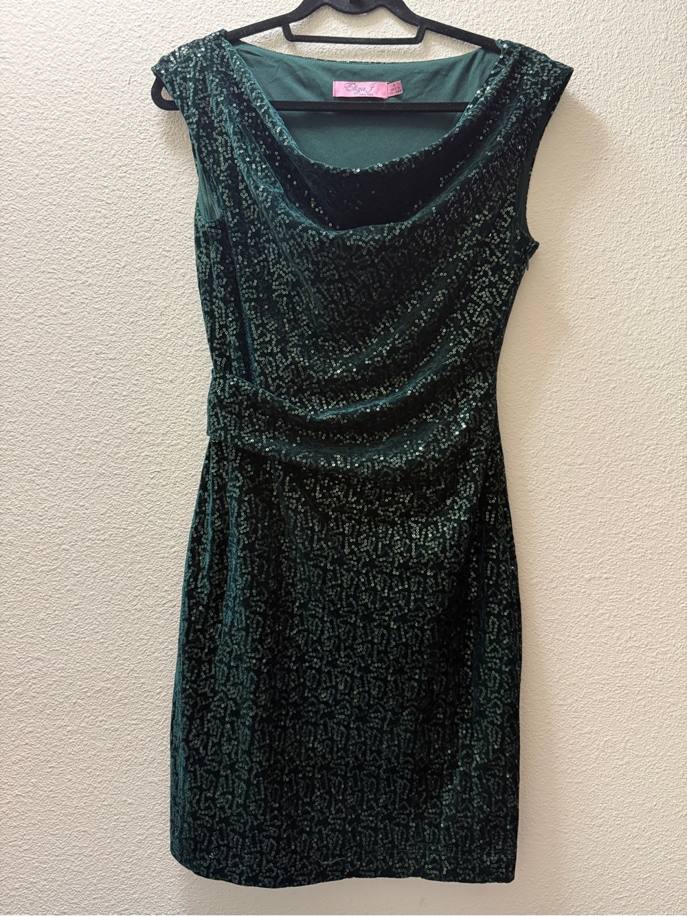 Eliza J Green Sequin Velvet Dress Size 8 Cocktail Party Wedding Guest Cowl Neck